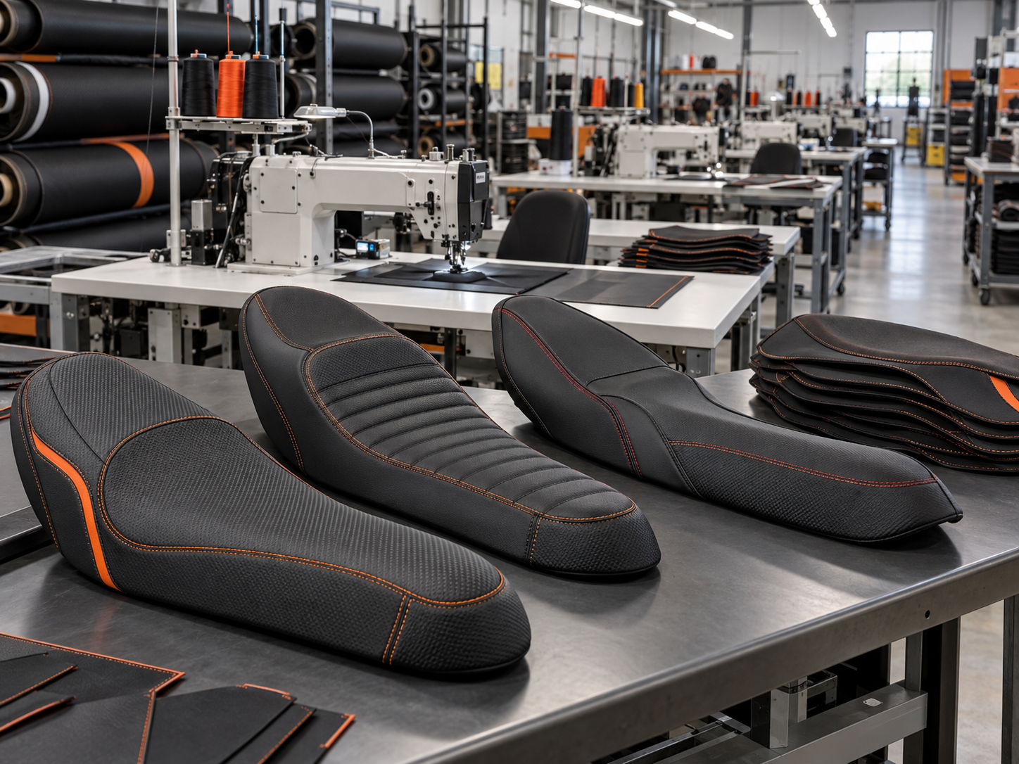 Imagen ilustrativa de fundas para motos en una línea de producción con máquinas de coser industriales